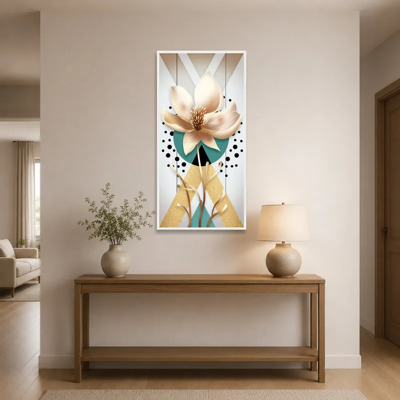 Abstract floral piece with geometric elements in an entrance hall.