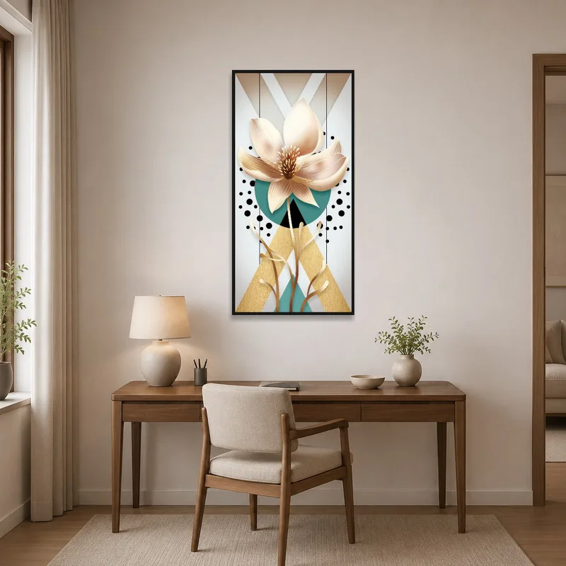 Floral geometric artwork adding charm to a modern home office.