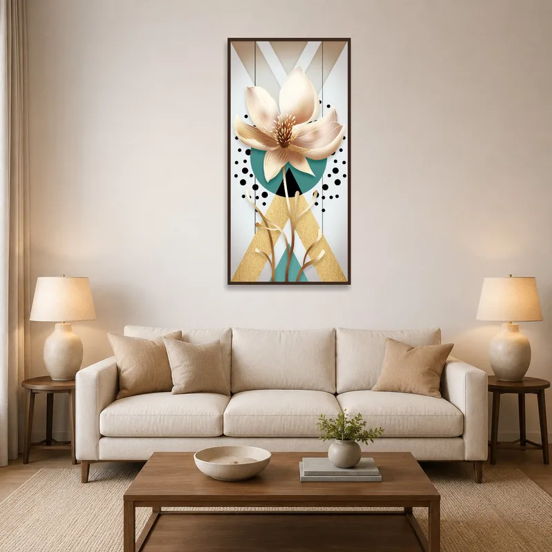 Floral abstract with geometric shapes in a cozy living room setting.