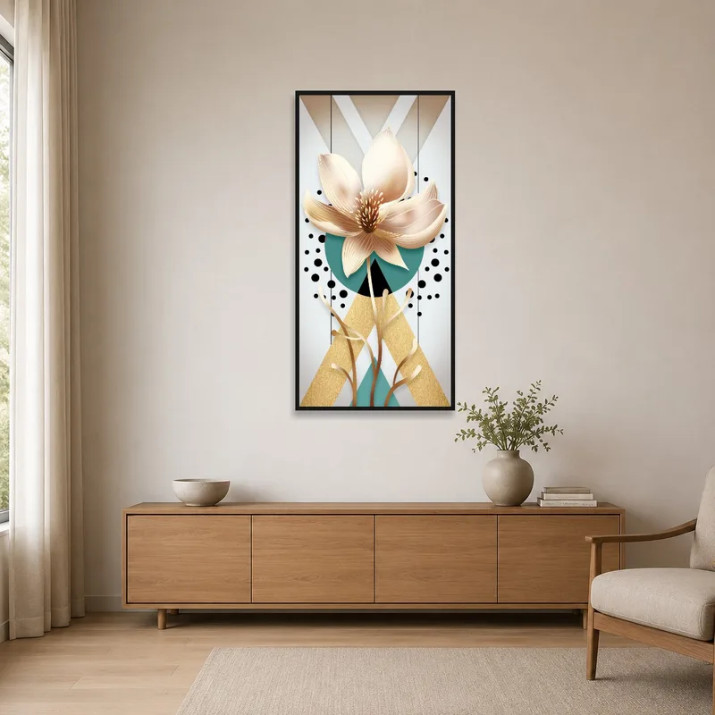 Floral geometric artwork on a plain minimalist wall.