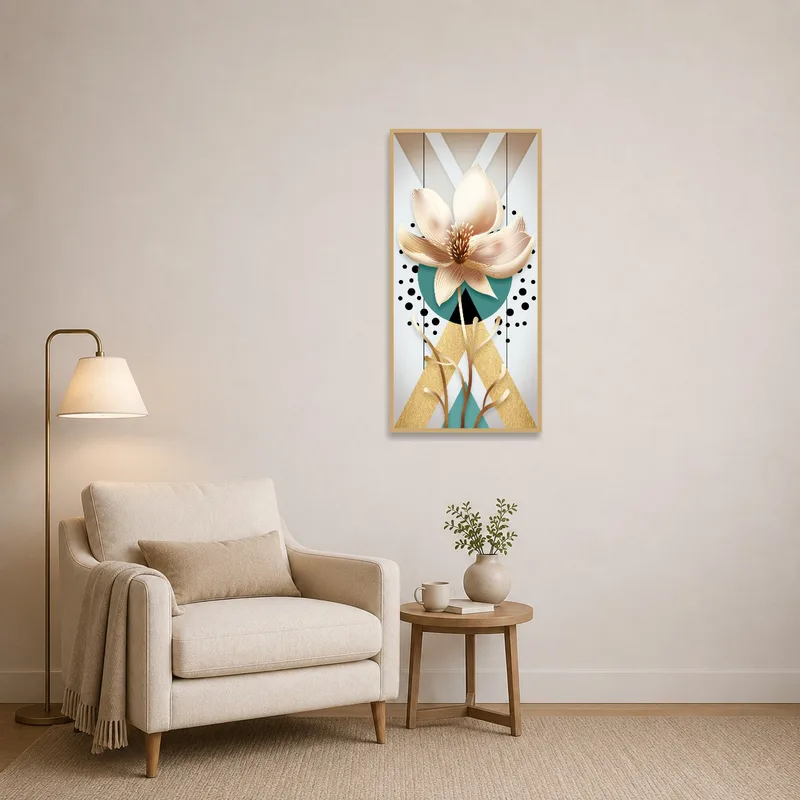Floral and geometric art by a comfortable reading chair.