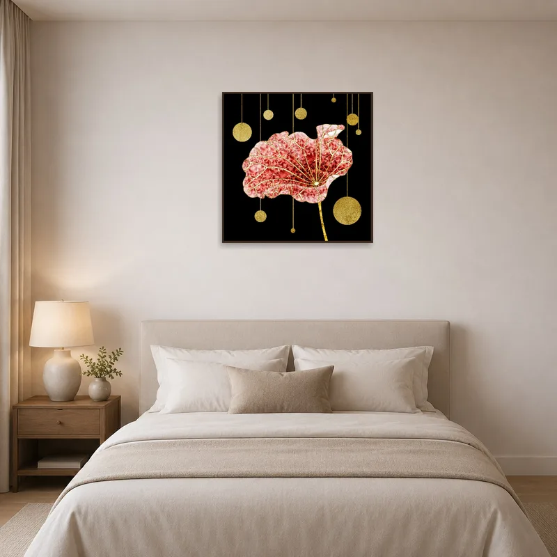 Chic floral abstract artwork with gold highlights adding elegance to a bedroom wall.