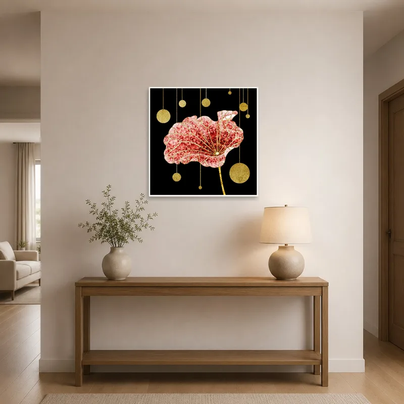 Floral abstract art with gold touches adorning an entrance hall wall.