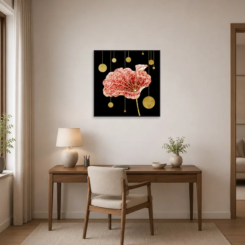 Modern floral abstract art with gold accents in a contemporary home office.