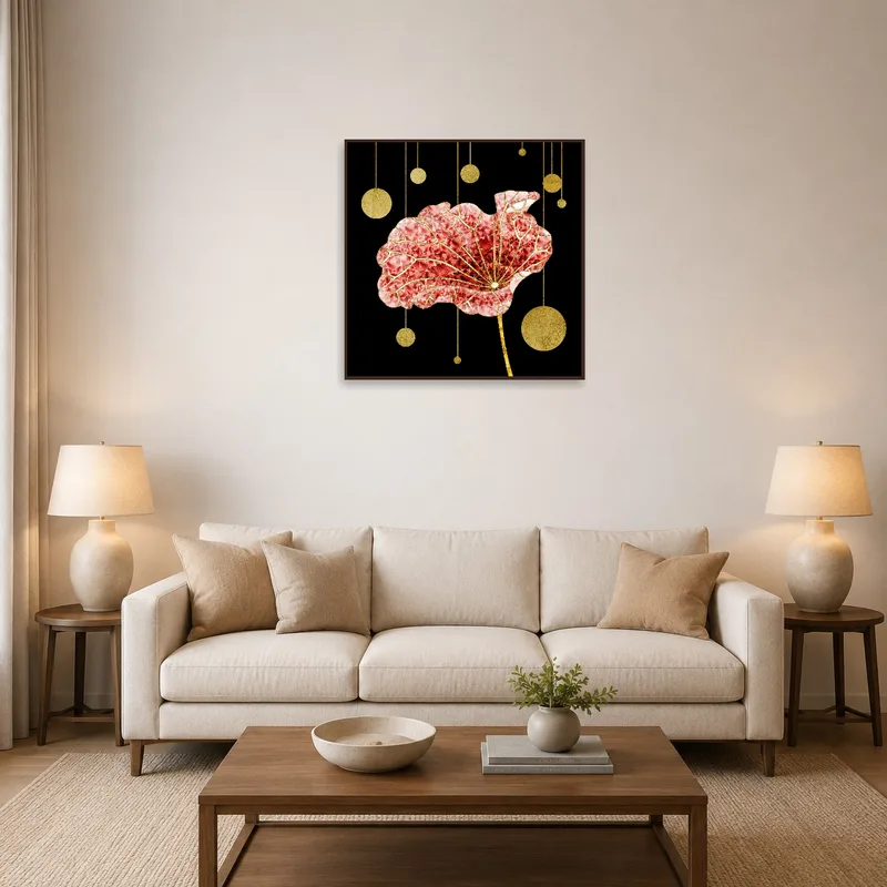 Elegant floral abstract art with gold accents above a modern living room couch.