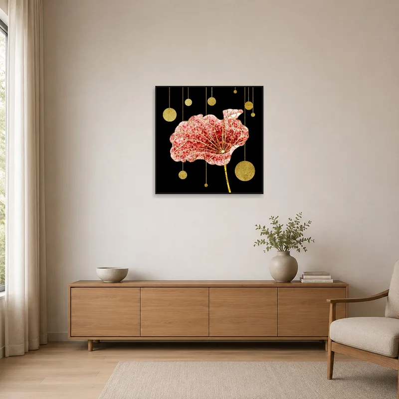 Sophisticated floral abstract art with gold accents in a minimalist setting.