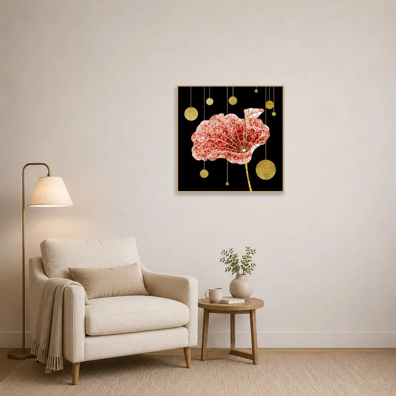Graceful floral abstract piece with gold accents in a cozy reading corner.