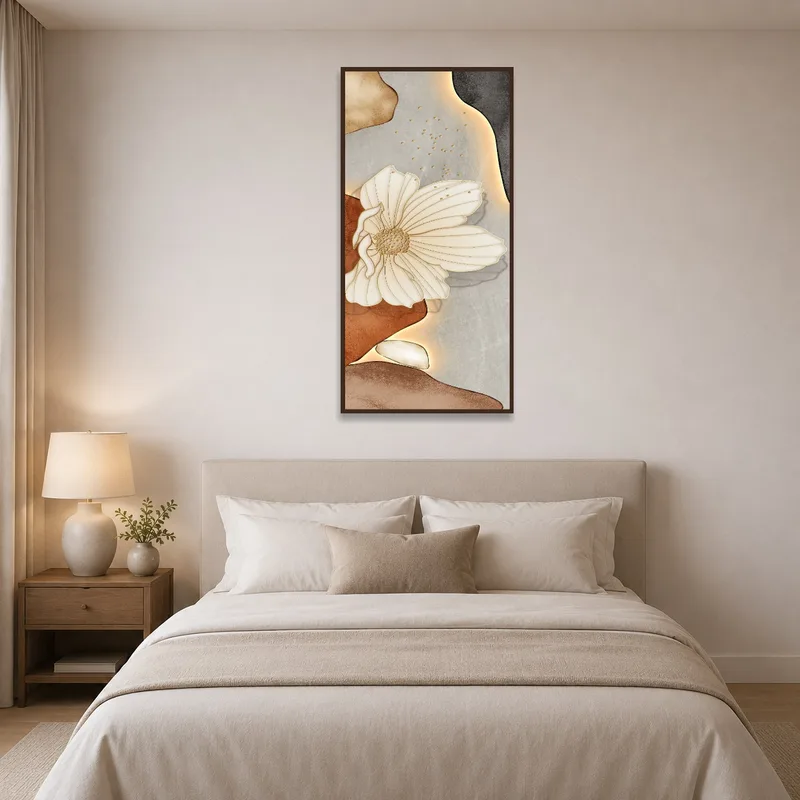 Elegant floral art piece adorns a serene bedroom wall.