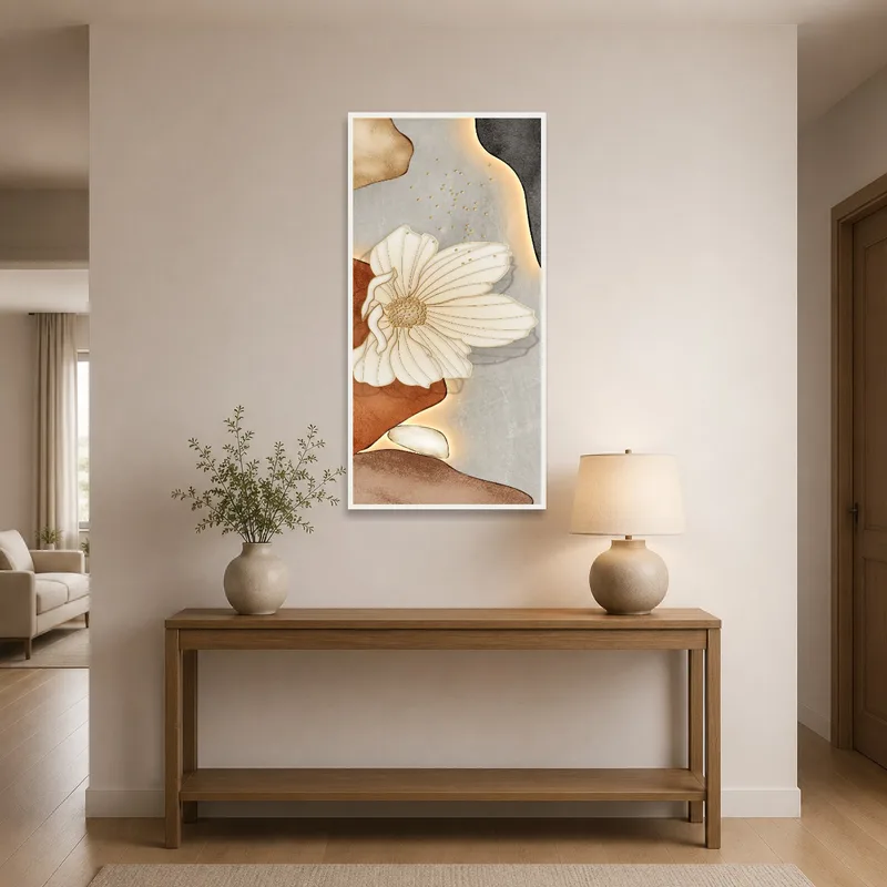 Artistic floral piece greets guests in the entrance hall.