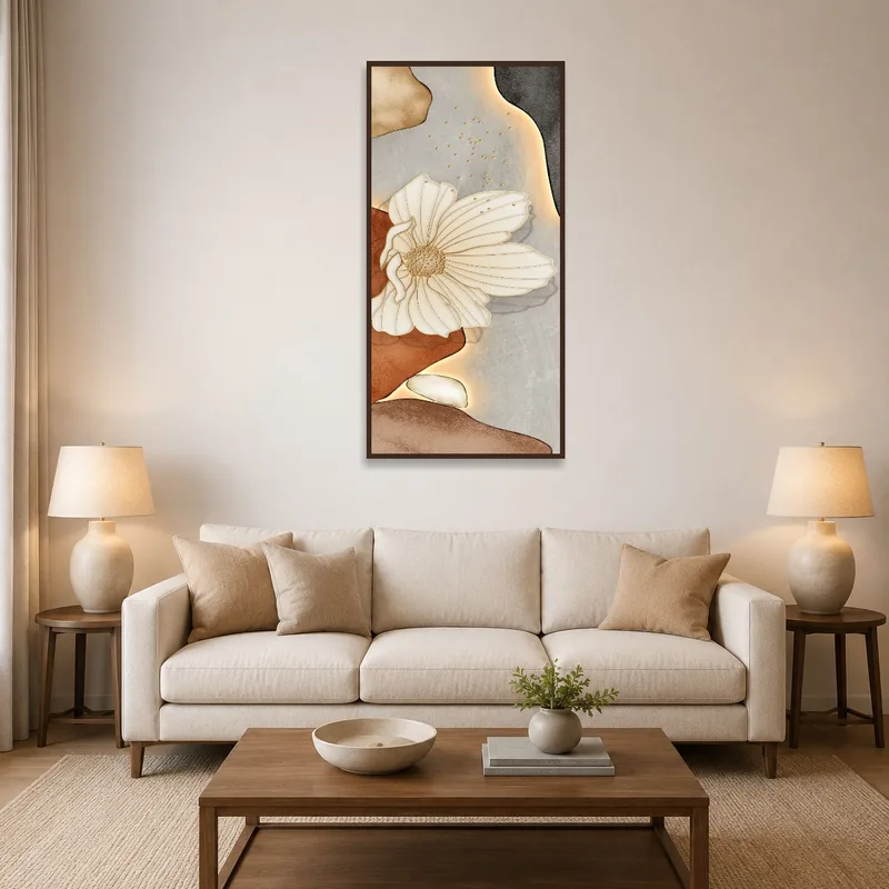 Elegant floral artwork adds vibrancy to a stylish living room.