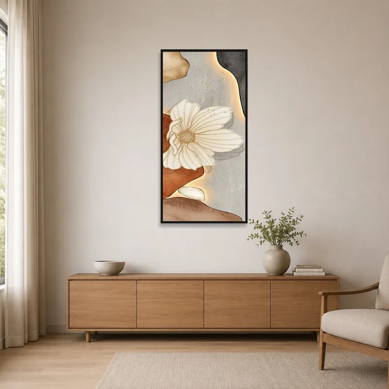 Colorful floral abstraction complements a minimalist space.