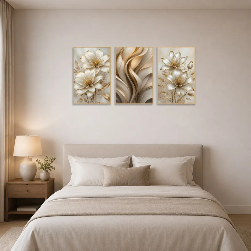 Golden and floral triptych enhances a serene bedroom ambiance.
