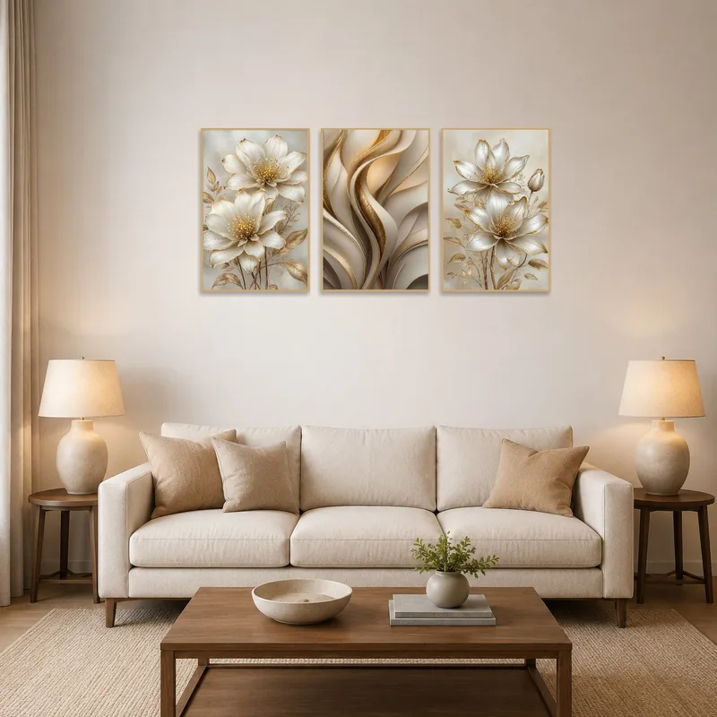 Elegant floral and abstract gold triptych centered on a living-room wall.