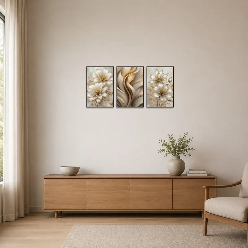 Triptych set with gold accents on a minimalist white wall.