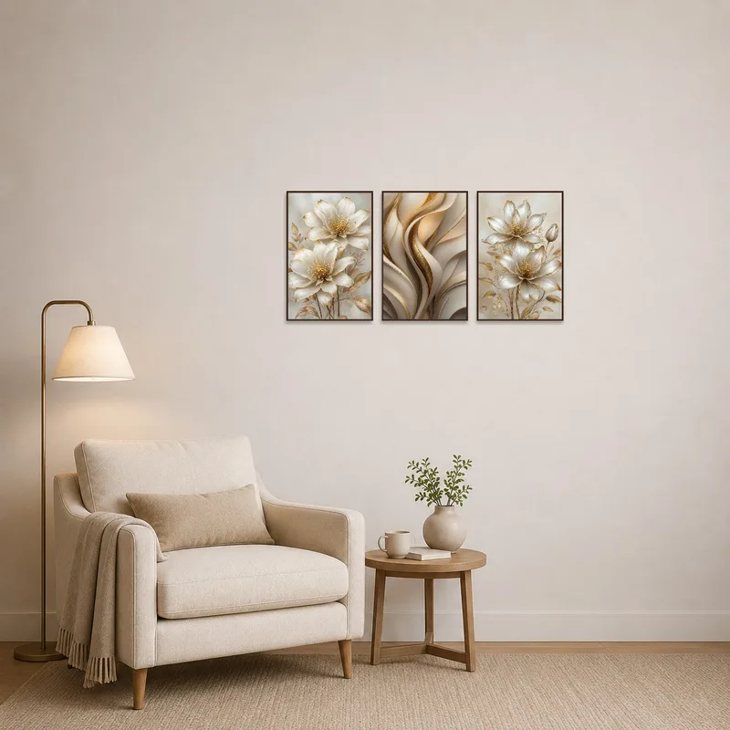 Elegant floral and gold abstract triptych brightens a reading corner.