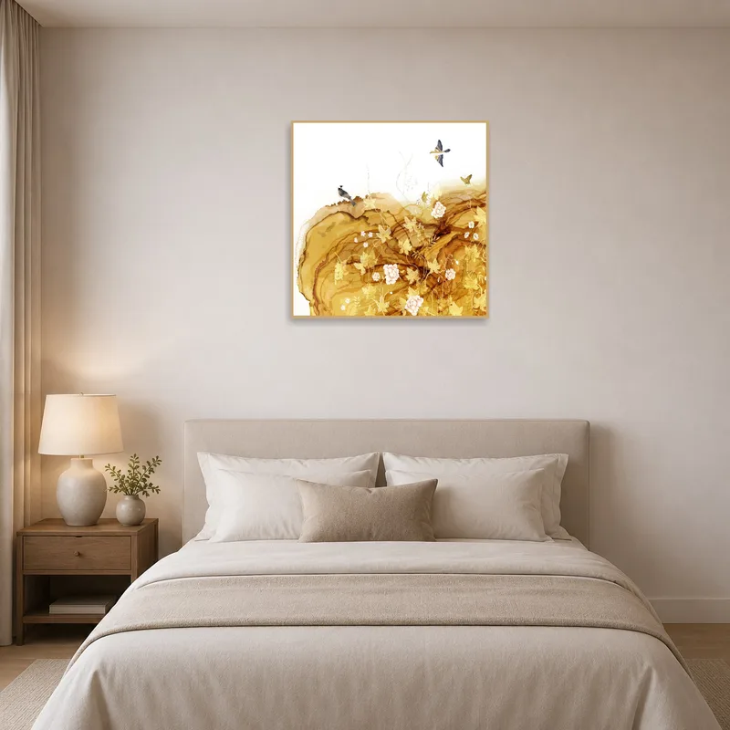 Bedroom wall displaying an abstract floral and avian art print above the bed.