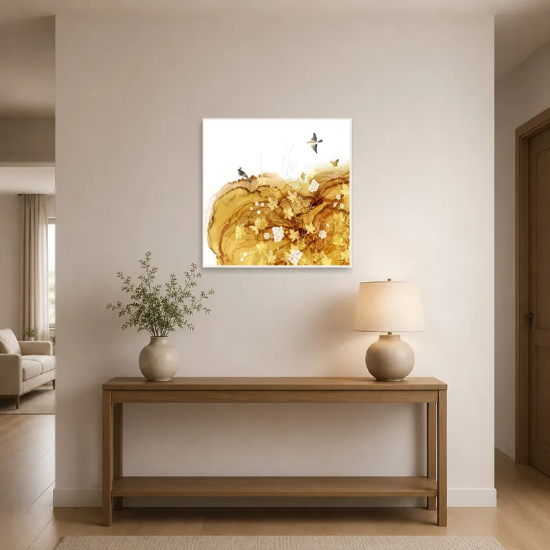 Entrance hall featuring a floral and avian abstract art print on the wall.