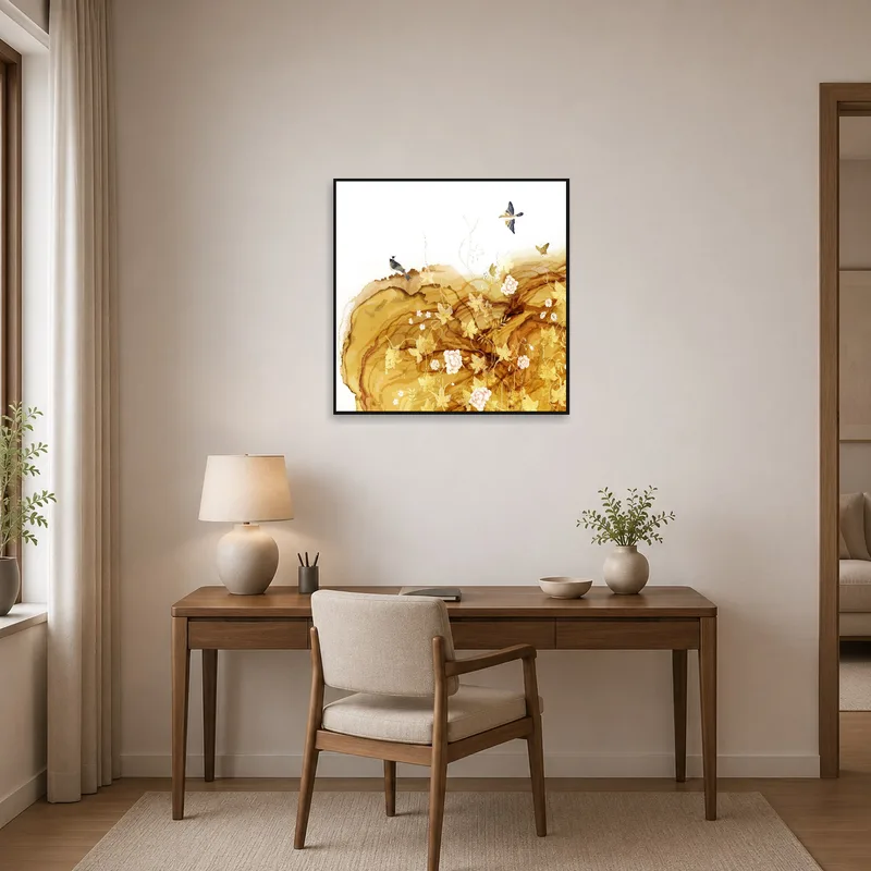 Home office with elegant floral and avian abstract art print to inspire creativity.