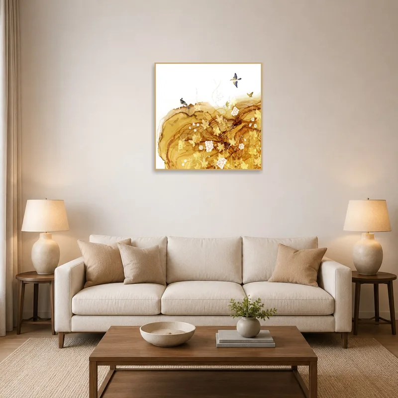 Elegant floral and avian abstract art print in a living room with cozy seating.