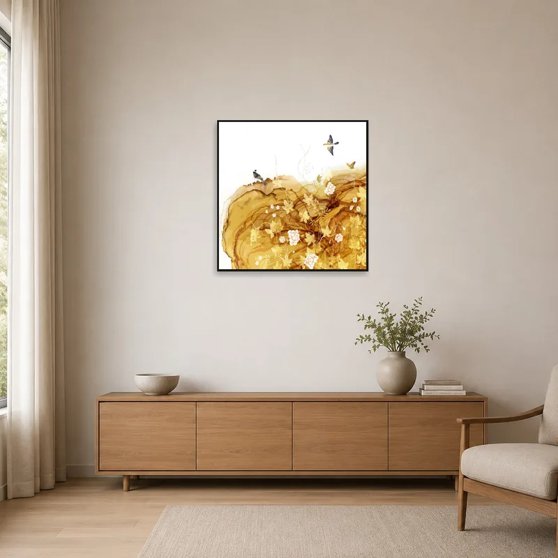 Abstract floral and avian art print in a minimalist setting with clean lines.