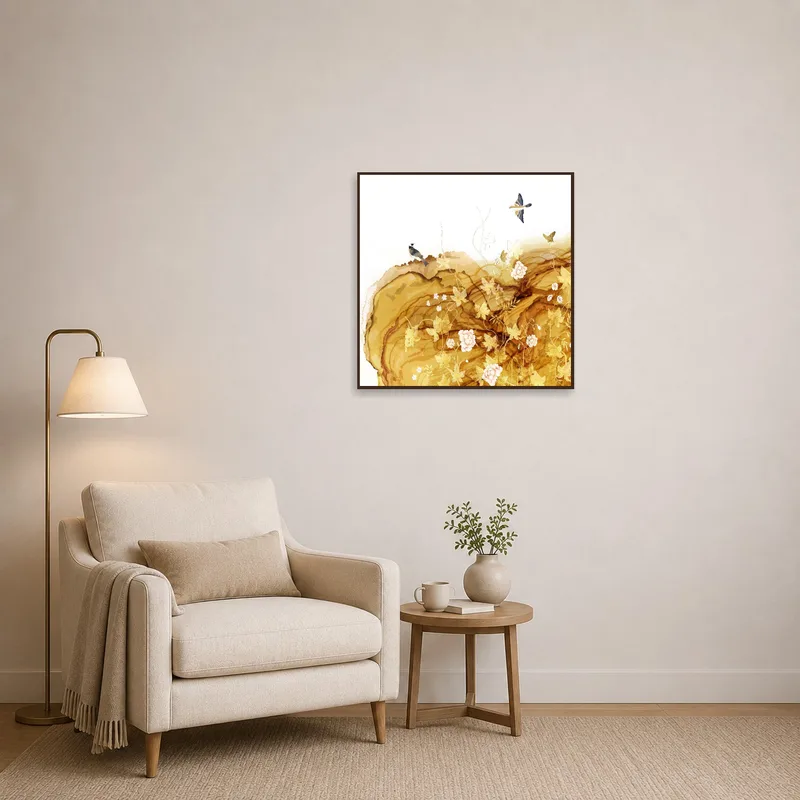 Reading corner adorned with a floral and avian abstract art print for ambiance.