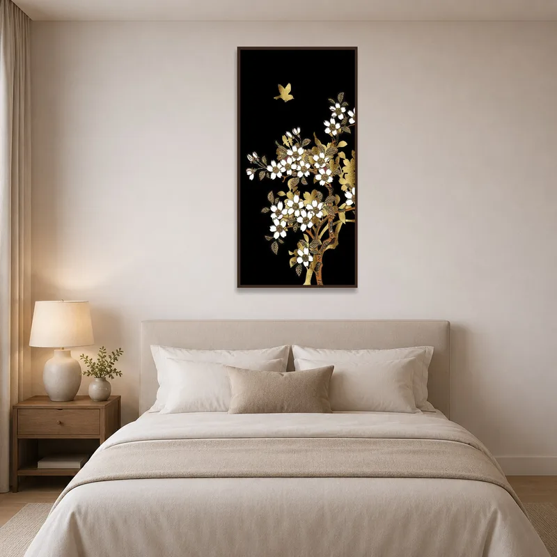 Floral and bird design with black background adding charm to a bedroom.