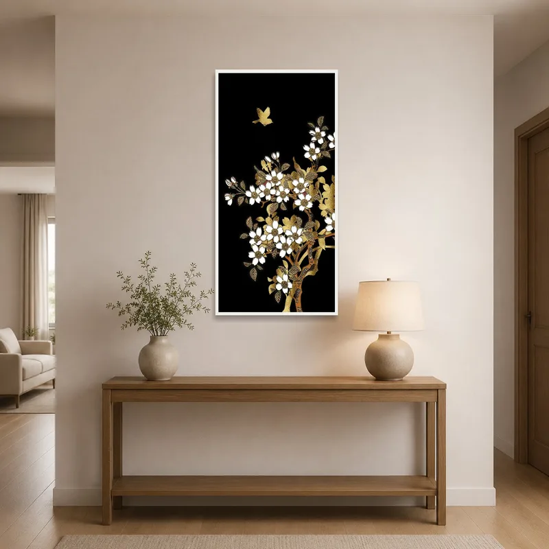Floral and bird piece on black background enhancing an entrance hall.