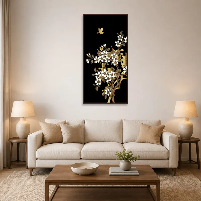 Floral and bird artwork with a black background in a stylish living room.
