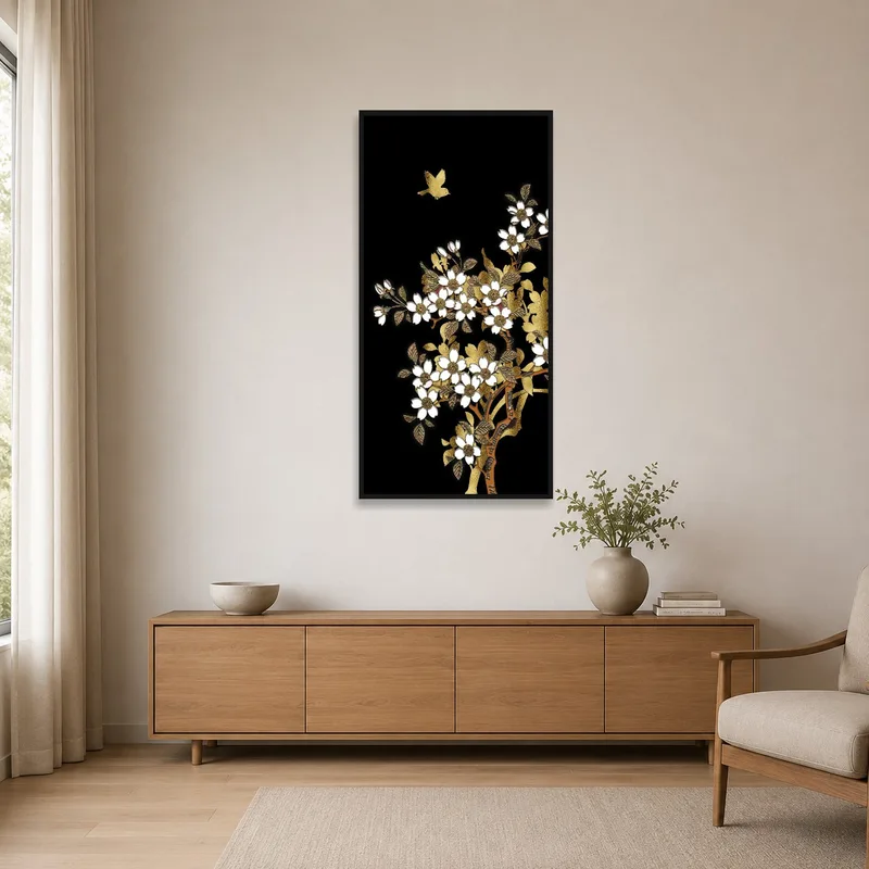 Subtle floral and bird art with a black background in a minimalist space.