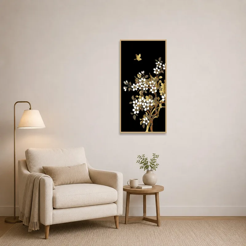 Elegant floral and bird artwork on black in a cozy reading corner.