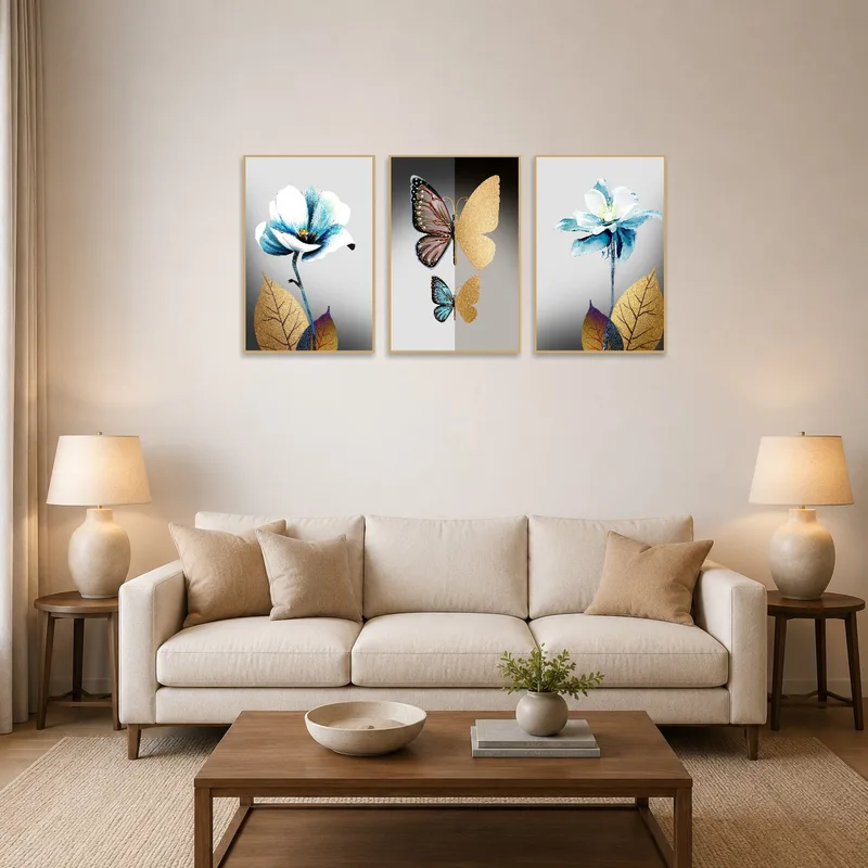 Triptych of floral and butterfly art above a cozy living room sofa.