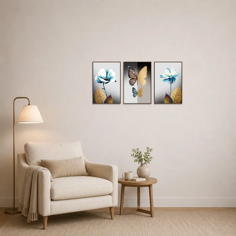 A serene reading corner adorned with elegant floral and butterfly art.