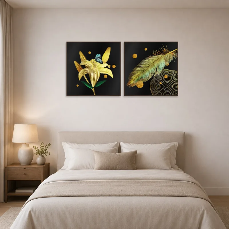 Elegant floral and feather art set adds serenity to a calming bedroom area.