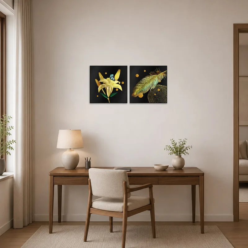 Art set of florals and feathers inspiring creativity in a home office space.