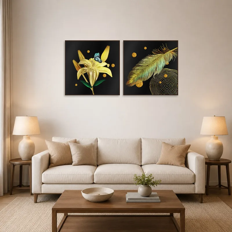Elegant floral and feather art set above a modern sofa in a cozy living room.