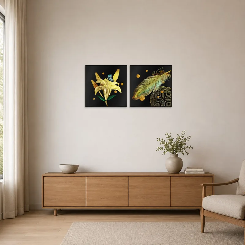 Floral and feather art set adding subtle touches to a minimalist space.
