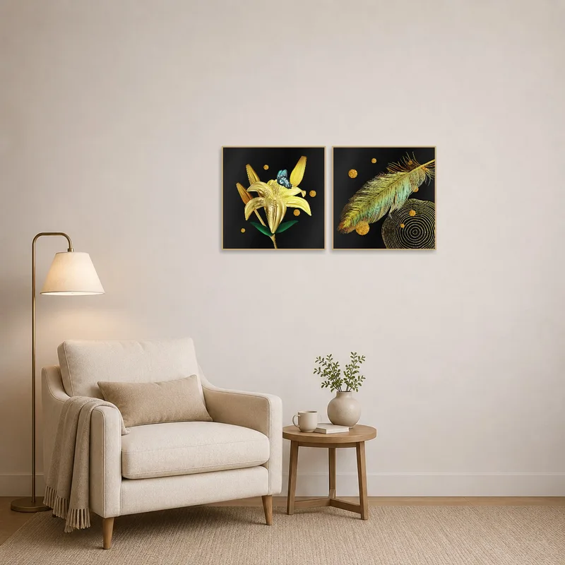 Floral and feather duo art set enhances a peaceful reading corner atmosphere.