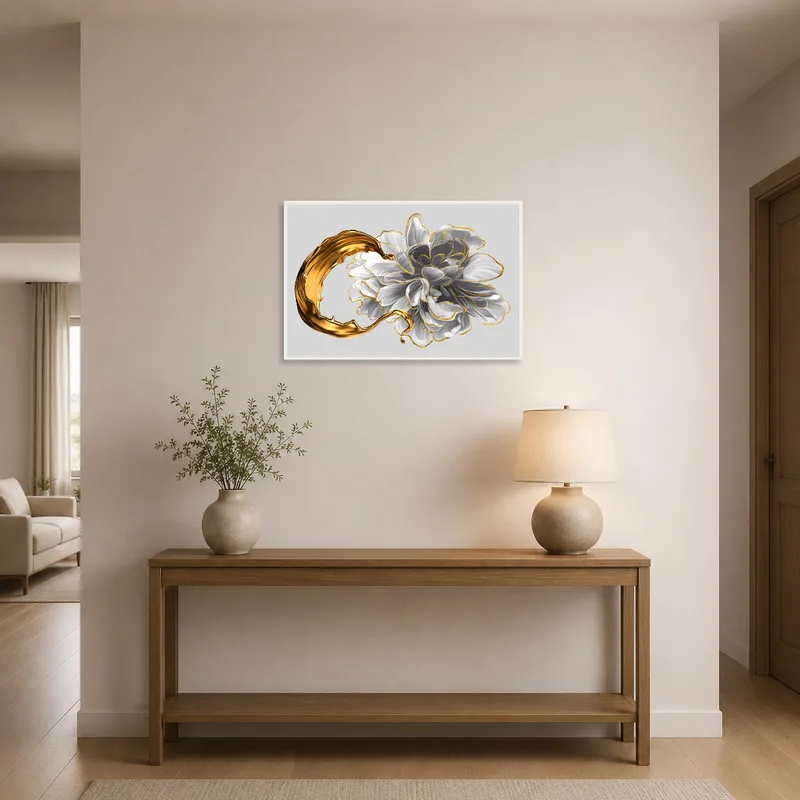 Floral and gold-themed abstract art piece welcoming guests in an entrance hall.