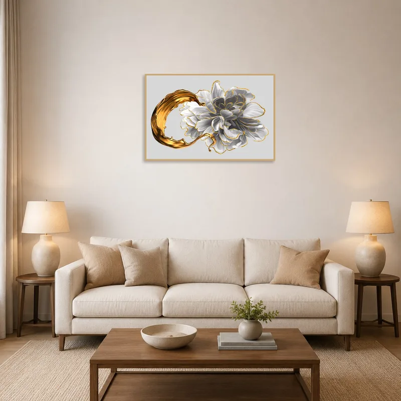 Floral and gold abstract art print on a living room wall above a modern sofa.