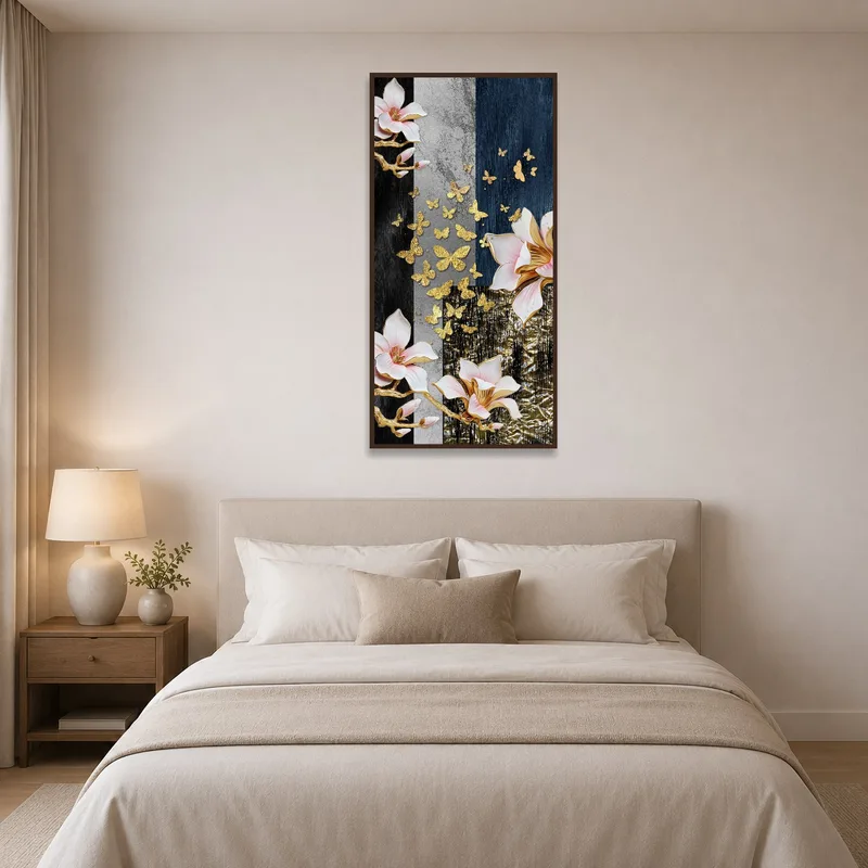 Bedroom wall accented with elegant floral and butterfly art for a serene atmosphere.