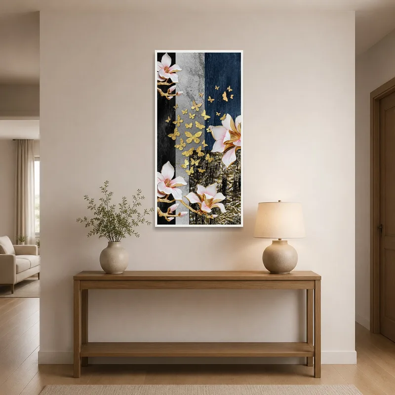 Elegant floral and butterfly art greets guests in a bright entrance hall.