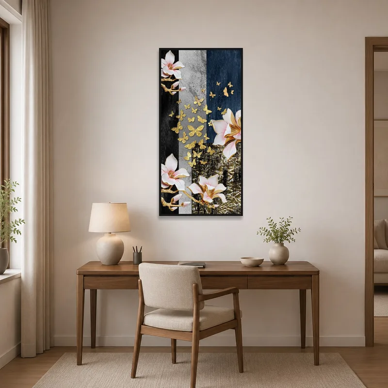 Home office decorated with floral and butterfly artwork adds elegance to the workspace.