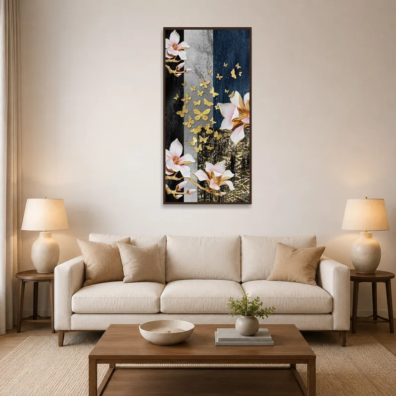Elegant floral and gold butterfly art adorns a living room wall with cozy seating.