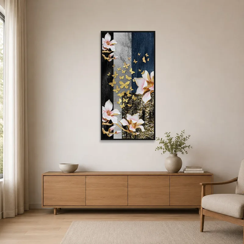 Minimalist room highlighted by floral and butterfly artwork on a clean wall.