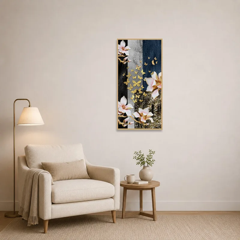 A reading corner enhanced with floral and butterfly artwork adds to the cozy ambiance.