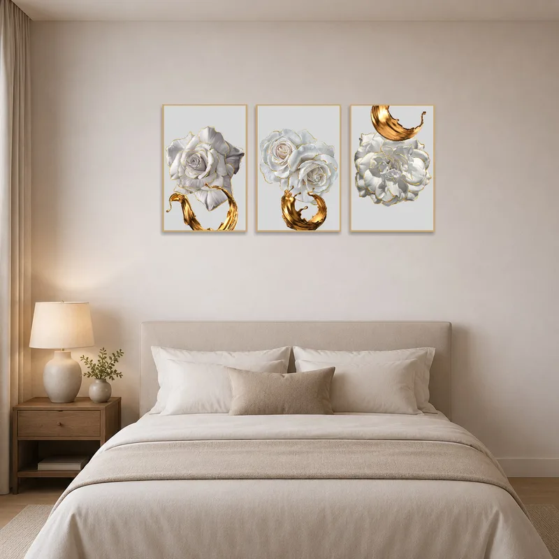 The bedroom features the floral and gold splatter set, creating a calming atmosphere.