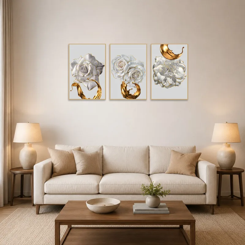 The triptych set adorns a living room wall, adding elegance to the cozy seating area.