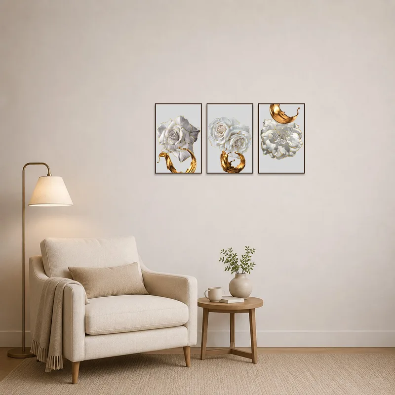 In the reading corner, the triptych set provides a serene and artistic backdrop.