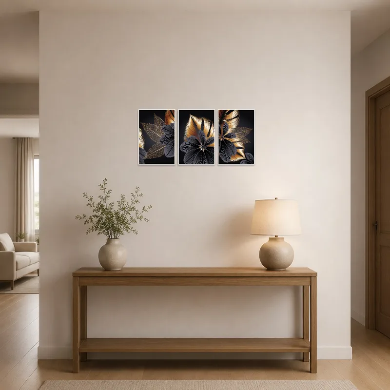 Elegant floral triptych adding charm to an entrance hall.