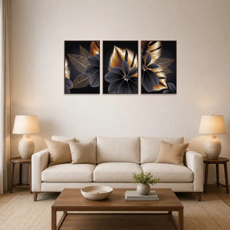 Elegant floral abstract triptych on a living room wall with modern furniture.